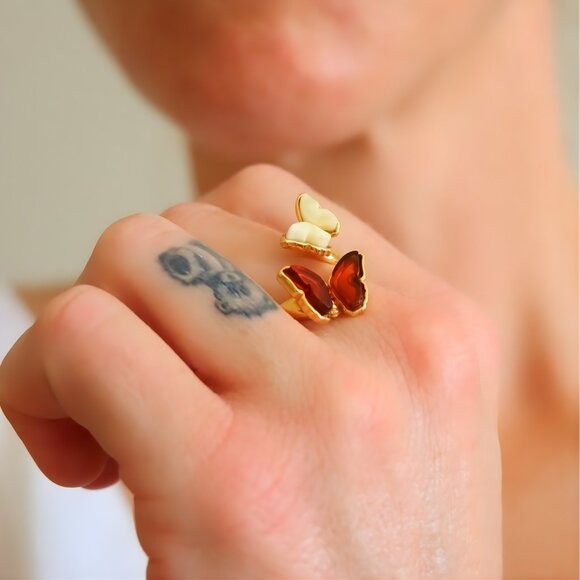 Baltic Amber Butterfly Ring in 14k Gold Plated Sterling Silver - Picture 6 of 6
